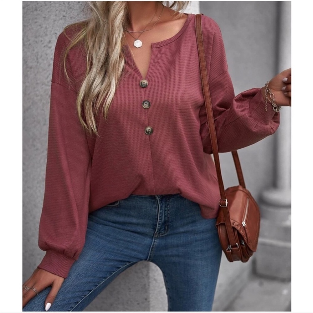 Redwood Button Detail Waffle Minimalist Oversized Top S M L XL